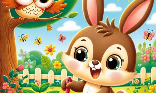 Un pequeño conejo llamado Tito, con grandes orejas y un pelaje suave y marrón, está plantando una pequeña semilla en un jardín soleado. Tiene ojos brillantes de alegría y una gran sonrisa en su rostro. A su lado, el sabio maestro Búho, con plumas marrones y una mirada benevolente, observa con orgullo. Está posado en una rama de árbol, con las alas ligeramente desplegadas, y parece animar a Tito. El jardín está lleno de flores coloridas, mariposas revoloteando y árboles verdes bajo un cielo azul claro. Tito, emocionado, cava un pequeño agujero en la tierra con su pata, listo para hacer crecer su primera flor de primavera.