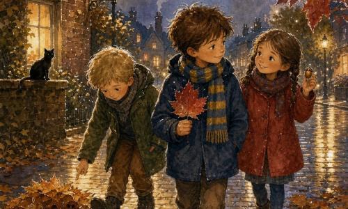 Drie kinderen op een nat geplaveide straat bij een kalme herfstavond: Milan (8) met warrig bruin haar en blauwe-geelgestreepte sjaal staat iets vooraan en kijkt rechts terwijl hij een grote rode blad in zijn rechterhand houdt; links van hem Timo (8) met kort blond haar en olijfgroene jas tuurt, buigt en stoot met zijn voet tegen een hoop bruin-gouden bladeren; rechts en iets achter Milan Noor (7) met kastanjebruin haar in twee vlechten en een rood jasje glimlacht en toont een glanzende eikel; warme lantaarnreflecties op de natte kasseien, trottoir vol gele, oranje en bruine bladeren, een grote tak met rode bladeren bovenaan rechts, een bakstenen huis met verlicht raam op de achtergrond, een klein zwart katje bij een muurtje, zachte schoorsteenrook, glanzende waterdruppels en lange schaduwen geven een intieme, documentaire sfeer.