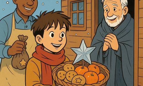 Un ragazzo di 10 anni, Tommaso, con capelli castani spettinati e occhi pieni di curiosità, tiene un cesto di Natale pieno di biscotti, mandarini e una stella di carta argentata. È avvolto in una sciarpa rossa, il suo volto raggiante di determinazione. Accanto a lui, un uomo anziano, il signor Carlo, con capelli bianchi e un sorriso caloroso, è avvolto in una coperta, stando alla porta di casa sua. Guarda Tommaso con gratitudine. Sullo sfondo, un uomo di circa cinquant'anni, il signor Gigi, con un grembiule infarinato e un'espressione gioviale, è accanto a Tommaso, tenendo un piccolo sacchetto di biscotti. La scena si svolge davanti a una piccola casa di legno, decorata con una semplice ghirlanda di Natale, circondata da neve fresca. La situazione principale mostra Tommaso che offre il cesto al signor Carlo, simbolizzando la generosità e il calore umano in pieno inverno.