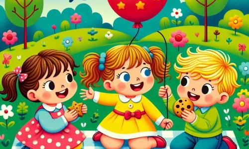 Una bambina di 4 anni, Mia, con lunghi capelli castani raccolti in due codini, indossa un bel vestito giallo brillante. Sorride ampiamente, i suoi occhi brillano di gioia mentre tiene un grande pallone rosso in una mano e un biscotto a forma di stella nell'altra. Accanto a lei, il suo amico Luca, un ragazzo di 5 anni con capelli biondi arruffati e una maglietta blu, ride cercando di prendere un uccellino che si è posato su un pallone. Sara, una bambina di 4 anni con capelli castani e un vestito rosa, è seduta sull'erba, mangiando un biscotto e osservando la scena con occhi meravigliati. La scena si svolge in un parco verde, pieno di fiori colorati e grandi alberi, con un cielo blu chiaro punteggiato di nuvole bianche. Palloni di diversi colori fluttuano nell'aria, e una grande tovaglia a quadretti è stesa sull'erba, piena di dolci. La situazione principale mostra Mia e i suoi amici che festeggiano il suo compleanno, ridendo e giocando insieme, circondati da decorazioni festive e dall'emozione di una giornata indimenticabile.