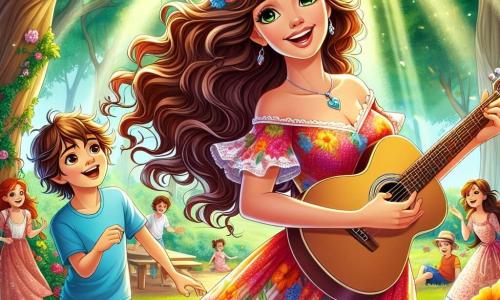 Al centro dell'immagine, una donna di nome Stella, con lunghi capelli ondulati e un sorriso radioso, tiene una piccola chitarra. Indossa un vestito colorato che danza col vento, e il suo viso esprime gioia ed entusiasmo mentre canta con passione. Accanto a lei, un ragazzo di 10 anni di nome Marco, con capelli castani disordinati e occhi scintillanti, la guarda con ammirazione. Indossa una maglietta blu e pantaloni corti, e si tiene leggermente in disparte, pronto a cantare con lei. Lo scenario si svolge in un parco verdeggiante, pieno di alberi maestosi e fiori colorati che aggiungono un tocco di magia all'ambiente. I bambini giocano sullo sfondo, mentre alcuni adulti si fermano ad ascoltare la dolce melodia che aleggia nell'aria. La scena principale mostra Stella e Marco che cantano insieme, le loro voci che si uniscono in una bella armonia, creando un'atmosfera gioiosa e ispiratrice, dove la musica e l'amicizia si incontrano sotto il sole splendente.