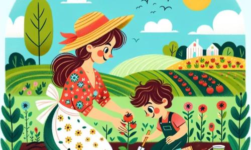 Maria, una donna di trent'anni, ha i capelli castani raccolti in una coda di cavallo. Indossa una camicia a fiori e un cappello di paglia, e il suo viso irradia gioia mentre è accovacciata in un campo, intenta a piantare semi di pomodoro con un sorriso entusiasta. Accanto a lei, Luca, un ragazzo di 8 anni con capelli ricci e occhi brillanti, sta scavando un buco nella terra con una piccola paletta, mostrando un'espressione di concentrazione ed eccitazione. Il contesto è una bella fattoria soleggiata, circondata da campi verdi, con fiori colorati lungo il sentiero e un cielo azzurro punteggiato di nuvole bianche e soffici. La scena principale mostra Maria e Luca che lavorano insieme, le mani nella terra, pronti a far crescere deliziosi pomodori, illustrando l'amicizia e la magia della natura.