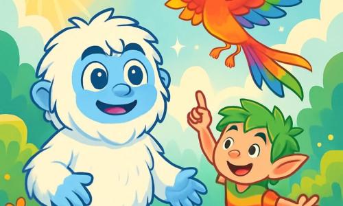 Un giovane yeti di nome Yuki, con pelliccia bianca e soffice, grandi occhi blu brillanti di curiosità, si trova al centro della scena, con un sorriso meravigliato sul volto. Sta guardando una splendida Fenice Arcobaleno, una creatura con piume dai colori vivaci, pronta a spiccare il volo in un cielo azzurro chiaro. Accanto a lui, un piccolo folletto di nome Pip, con orecchie a punta e capelli verdi arruffati, salta di gioia. Ha circa 10 anni, indossa una tunica colorata e un sorriso radioso, e si trova proprio accanto a Yuki, indicando la Fenice. Lo sfondo è una radura incantata, circondata da muri di nuvole soffici e fiori multicolori che danzano al vento. Raggi di sole filtrano attraverso gli alberi, creando un'atmosfera magica e luminosa. La scena principale mostra Yuki e Pip, meravigliati, che incoraggiano la Fenice a spiccare il volo, pieni di eccitazione e speranza, mentre scintille di luce brillano attorno a loro.
