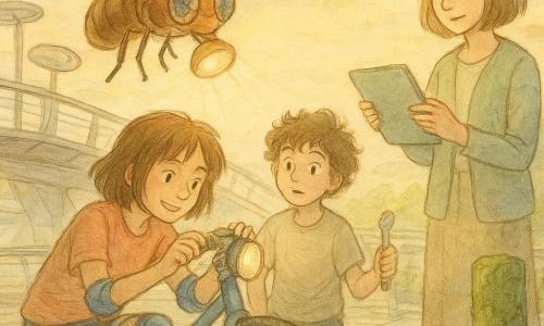 Lume, un piccolo drone-ape metallico, sembra concentrato e benevolo: corpo in lega ramata, ali trasparenti e occhi a mosaico, vola sopra il manubrio dirigendo una luce verso un mini-riflettore; Nadi, ragazza di circa 12 anni con ginocchiere blu e caschetto spettinato, accovacciata accanto alla sua bicicletta blu, tiene una piccola lamina argentata sul manubrio; Tomi, ragazzo arruffato e birichino, osserva con stupore tenendo un piccolo cacciavite dietro alla ruota posteriore; la professoressa Sera, donna calma e premurosa, con un tablet verde chiaro conferma il comando stando leggermente indietro accanto a un totem ricoperto di licheni; luogo: un ponte urbano futuristico chiamato Basso-Ponte con ringhiere in acciaio lucidato, passerella in legno composito, serra sospesa e petali-captatori circolari argentati ai bordi, pannelli olografici e canali traslucidi che scendono verso serbatoi verdi; situazione: il gruppo monta un riflettore sulla bicicletta per inviare un segnale luminoso ai sensori del ponte e indirizzare delicatamente la nebbia verso di essi, con filamenti di foschia che si raccolgono, gocce perlate e una luce dorata serale che riscalda la scena.