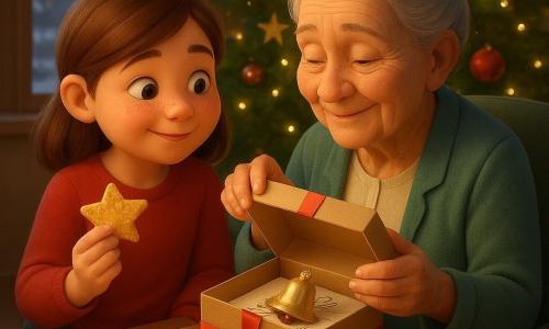 Niña de 10 años de rostro redondo, mejillas sonrosadas y manchas de harina en la nariz mira con expresión alegre y tímida una caja regalo mientras sostiene en la mano derecha una galleta dorada en forma de estrella; una mujer de unos 70 años, pelo gris recogido en un moño y mirada tierna, sentada en un sillón verde junto al árbol, abre la caja de cartón kraft con lazo rojo que contiene una campanita metálica brillante, un dibujo hecho a mano y la galleta en la cima; el salón es cálido con un gran árbol verde decorado con bolas rojas, guirnaldas doradas y pequeñas estrellas de papel, luces cálidas parpadeantes y un camino de nieve visible por una ventana empañada; sobre la mesa baja, un mantel a cuadros, un bote de harina, un rodillo y un molde de estrella como prueba de reciente repostería; iluminación suave y dorada con reflejos en las bolas y sombras acogedoras; plano medio en ligero picado, texturas nítidas y estilizadas al estilo de una animación 3D infantil.