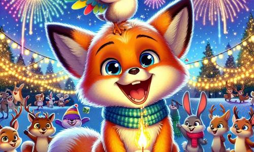 Zorito, un pequeño zorro de grandes orejas y suave pelaje naranja, está en el centro de la imagen, sonriendo con emoción mientras enciende fuegos artificiales en un cielo estrellado. Sus ojos brillan de alegría y anticipación, mientras lleva un pequeño sombrero de fiesta colorido. A su lado, Pepi, un pájaro de plumas multicolores, vuela alegremente en el aire, expresando gran felicidad. Mira a Zorito con admiración, listo para celebrar el Año Nuevo juntos. En el fondo, el parque está iluminado por guirnaldas de luces brillantes colgadas en los árboles, y amigos animales como renos y conejos se reúnen, riendo y aplaudiendo, creando una atmósfera festiva y cálida. La escena muestra a Zorito y Pepi preparando el espectáculo de fuegos artificiales para la fiesta de Año Nuevo, rodeados de sus amigos, todos ansiosos por celebrar juntos bajo un cielo lleno de estrellas y colores brillantes.