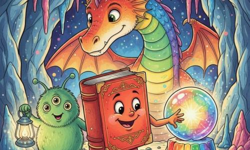 Il personaggio principale è un libro vivente sorridente e meravigliato, ingiallito agli angoli con copertina rossa e motivi dorati, pagine leggermente aperte che tendono una "mano" di carta verso un cristallo brillante; il personaggio secondario è Zog, un extraterrestre peloso verde con tre occhi rotondi e antenne curve, gioioso, che tiene la lampada del vascello a sinistra del libro; un altro personaggio è un grande e dolce drago arcobaleno con scaglie lucenti a bande colorate e sguardo benevolo, che appare all'ingresso della caverna dietro il cristallo in posizione protettiva; la scena si svolge in una caverna nella Montagna Arcobaleno con pareti scintillanti, stalattiti rosa e blu, pavimento coperto di pietre prismatiche e luce multicolore emanata dal Cristallo dei Desideri su un piedistallo di roccia arcobaleno; atmosfera di dolce tensione e magia, composizione centrata, colori vivaci e contrastati, stile inchiostro colorato con linee nette e dettagli infantili.