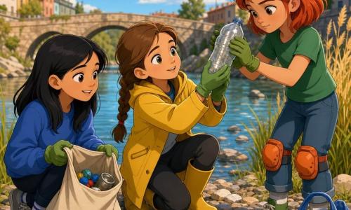 Ci sono tre bambine: Martina, 11 anni, trecce castane, giacca impermeabile gialla, accovacciata al bordo dell'acqua mentre mostra una bottiglia di plastica al sole; Alice, 11 anni, capelli rossi corti, maglietta verde e ginocchiere arancioni, sta in piedi a destra e schiaccia la stessa bottiglia con le mani; Samira, 11 anni, capelli neri lisci, felpa blu e guanti da giardinaggio verdi, è a sinistra e mette tappi e una lattina in un sacchetto di tela aperto, sorridendo. Luogo: riva di un piccolo fiume urbano in primavera, acqua chiara con riflessi blu e verdi, ciottoli lisci, canne dorate mosse dal vento, un vecchio ponte di pietra e qualche casa colorata sullo sfondo sotto un cielo luminoso. Situazione: le tre amiche raccolgono rifiuti durante una gita scolastica, gesti calmi e precisi, sacchi e guanti visibili, una piccola pila di bottiglie schiacciate e vasetti risciacquati accanto a loro, atmosfera attiva ed educativa, colori vivaci ed espressioni determinate ma benevole.