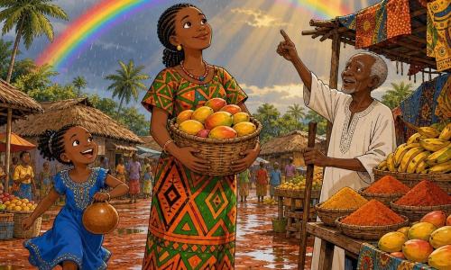 Mulher adulta (Amina), sorridente e serena, pele morena quente, cabelo preto em tranças apertadas, veste um longo vestido colorido com motivos geométricos laranja e verde, segura um cesto de vime com mangas amarelas e vermelhas e olha para o céu com sorriso e braços relaxados; homem idoso (~70 anos), rosto enrugado e cabelo curto grisalho, túnica branca simples, segura um bastão e aponta para um grande arco-íris atrás de uma banca de frutas; menina (~8 anos), pele morena clara, vestido azul, corre rindo em direção a Amina segurando uma pequena calebasse, à esquerda em primeiro plano; mercado de aldeia africana em chão de terra vermelha molhada, bancas de madeira com tecidos coloridos, cestos de vime, montes de mangas e bananas e especiarias em pó, palmeiras e telhados de palha ao fundo; céu parcialmente limpo com raios de sol atravessando nuvens escuras, gotas de chuva ainda visíveis e um arco-íris vívido no horizonte; situação pós-chuva, sol voltando e aldeões retomando as compras, clima acolhedor, cores saturadas e contrastes fortes; estilo gráfico: linhas claras, cores planas e luminosas, expressões exageradas porém suaves, composição centrada em Amina e no arco-íris, nível de detalhe adequado para ilustração infantil.