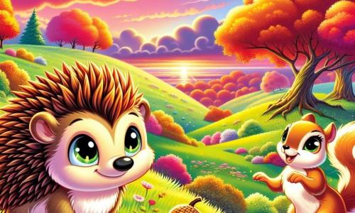 A little hedgehog named Oliver, with bright autumn-colored quills, stands atop a green hill, his face radiating determination and curiosity. He gazes into the distance, his eyes sparkling with excitement. Beside him, a playful squirrel named Luna, with soft golden fur and a bushy tail, joyfully hops around, her eyes shining with mischief. The landscape is a vast meadow dotted with multicolored wildflowers, where the setting sun bathes the sky in pink and golden hues, creating a magical atmosphere. In the distance, majestic trees rise, their leaves gently dancing in the wind. The main scene shows Oliver and Luna, ready to embark on an adventure, with the shimmering Golden Acorn at their feet, symbolizing the dreams and discoveries that await them.