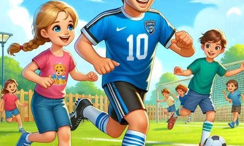 O personagem principal é Lucas, um jovem de 25 anos, com cabelo castanho e olhos brilhantes de alegria. Ele usa uma camisa de futebol azul com o número 10, um short preto e tênis. Ele está driblando uma bola de futebol em um campo ensolarado, com um grande sorriso no rosto, mostrando sua paixão pelo jogo. Ao seu lado, há uma menina de 8 anos, chamada Clara, com cabelo loiro em tranças e uma camiseta rosa, correndo atrás da bola com os braços levantados de excitação. Um garoto de 9 anos, chamado Max, com cabelo castanho e um short verde, está prestes a chutar ao gol, concentrado e determinado, logo atrás de Lucas. O local é um campo de futebol verde, cercado por barreiras de madeira e algumas árvores, sob um céu azul com nuvens brancas. Crianças brincam ao redor, rindo e se divertindo, criando uma atmosfera alegre e dinâmica. A cena principal mostra Lucas, Clara e Max jogando futebol, com Lucas driblando a bola, Clara correndo ao seu lado e Max pronto para chutar ao gol, todos unidos pelo amor ao jogo e pela amizade.
