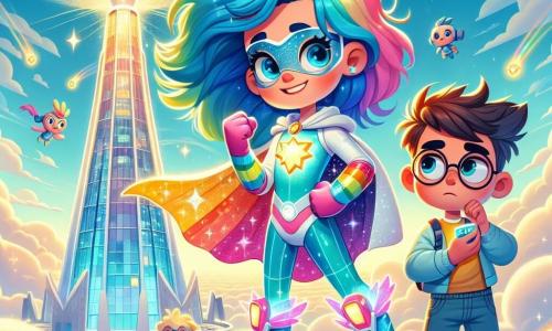 Nova Blits is een jonge superheldin met stralend blauwe haren, een glinsterende regenboogcape en fonkelende leashes. Ze heeft een vastberaden en moedig gezicht, met gebalde vuisten, klaar om de situatie te redden. Naast haar staat Max Modus, een 10-jarig jongetje met ronde bril en tousled haar, die bezorgd om zich heen kijkt terwijl hij een klein gadget vasthoudt. Ze staan voor de majestueuze Stadslicht-toren, een glinsterende glazen structuur die boven de stad uittorent, omringd door zachte wolken en zwevende robots. De hoofdscène toont Nova en Max, staande op een wolk, kijkend naar de toren waar de energie van de zonnebatterijen verdwenen is, met fonkelende energieflitsen om hen heen, klaar om het mysterie op te lossen.