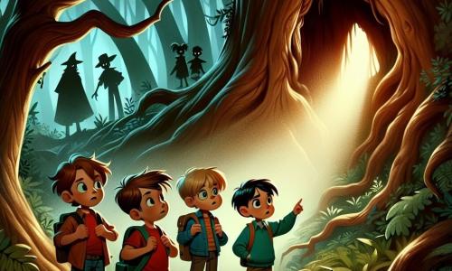 Four boys, aged 10 to 12, stand in the center of a mysterious forest. Jack, the boldest, has messy brown hair and wears a red t-shirt, pointing at a large hollow tree. Oliver, with round glasses and blond hair, looks on curiously, a slight smile on his face. Sam, a bit shorter, has black hair and wears a blue jacket, seeming anxious as he stands near the tree. Alex, the dreamer of the group, has brown hair and a green sweater, fascinated by the shadows in the trees. The dense forest is shrouded in thick mist that filters sunlight, creating a magical yet eerie atmosphere. Twisted trunks and gnarled branches rise around them, while shadows dance among the foliage, adding to the mystery. The main scene shows the boys discovering the entrance to a secret passage in the hollow tree, their faces lit by flashlight beams, while dark silhouettes appear to watch them from the depths of the forest.