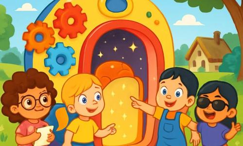 There are 4 children: - Mia: a 5-year-old girl with curly brown hair and round glasses. She wears a polka dot pink dress and holds a small notebook. - Zoe: a 5-year-old girl with smooth blonde hair and a high ponytail. She is dressed in a yellow t-shirt and denim shorts, looking around curiously. - Lily: a 5-year-old girl with red hair in braids. She wears a blue overall and green sneakers, smiling joyfully while pointing at the time machine. - Ava: a 5-year-old girl with black hair and sunglasses. She is dressed in a purple t-shirt and a floral skirt, making an excited gesture. The children stand in front of a large time machine, shining with sparkling lights and colorful gears. The setting is a green field with colorful flowers and a bright blue sky. In the distance, there are old houses with thatched roofs and majestic trees. The main scene shows the children emerging from the time machine, amazed and curious, ready to explore this new mysterious and fascinating world.