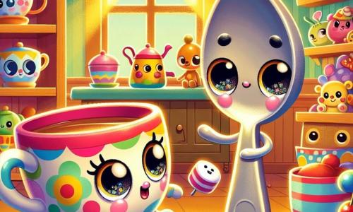 Tippy, a small colorful teacup with sparkling eyes, stands at the center of the scene, wearing a curious yet slightly sad expression, her handle raised as if greeting the world. Next to her, Spooner, a cheerful little shiny metal spoon, smiles with round friendly eyes, juggling a small sugar ball, adding a touch of lightness to the situation. The setting is a charming corner of Toyland, with wooden shelves filled with colorful toys and golden rays of light filtering through a window, warmly illuminating the room. In the background, a small wooden table is adorned with cups and sweets, creating a friendly atmosphere. The main scene shows Tippy and Spooner joyfully chatting, despite Tippy's thoughtful demeanor as she reflects on her new life with two homes, while nearby toys seem to listen attentively, fostering an ambiance of friendship and support.