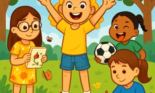 Há 4 crianças: - Mariana: uma menina de 10 anos com cabelos dourados cacheados, um sorriso radiante, vestindo uma camiseta amarela e um short jeans. Ela está em pé no centro, levantando os braços para o alto com entusiasmo. - Sara: uma menina de 9 anos com cabelos castanhos lisos, usando óculos redondos e um vestido florido. Ela está à esquerda, segurando um caderno de esboços e observando atentamente os insetos. - Beatriz: uma menina de 10 anos com cabelos castanhos presos em um rabo de cavalo, vestindo uma camiseta azul e uma calça rosa. Ela está à direita, sentada na grama, desenhando flores em seu caderno. - Joana: uma menina de 9 anos com cabelos negros trançados, vestindo uma camiseta verde e um short. Ela está um pouco atrás, fazendo uma careta engraçada e segurando uma bola de futebol. O local é um lindo parque ensolarado, cheio de grandes árvores com folhas verdes brilhantes, flores coloridas e um grande gramado verde. Ao fundo, vê-se um céu azul claro com algumas nuvens brancas fofas. A cena principal mostra as quatro amigas se divertindo juntas, rindo e compartilhando ideias para sua próxima aventura de verão, cercadas pela beleza da natureza.