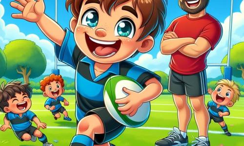 Un băiat de 8 ani, pe nume Matei, cu părul brun și ochii strălucind de bucurie, aleargă pe un teren de rugby verde, cu un zâmbet larg pe față. Poartă un tricou albastru și o pereche de pantaloni scurți negri, ținând ferm o minge de rugby sub braț, pregătit să marcheze un eseu. Aproape de el, antrenorul Andrei, un bărbat în jur de 30 de ani cu părul scurt și barbă bine îngrijită, îl observă atent, zâmbind și încurajându-l cu un gest al mâinii. Este îmbrăcat într-un tricou roșu și pantaloni de sport negri, stând aproape de linia de margine. În fundal, terenul este înconjurat de copaci mari și verzi și un cer albastru strălucitor, cu câteva nori albi pufoși. Prietenii lui Matei, băieți și fete de aceeași vârstă, sunt împrăștiați pe teren, râzând și aplaudând, creând o atmosferă veselă și dinamică. Scena îl arată pe Matei în acțiune, alergând cu determinare spre linia de eseu, în timp ce prietenii săi îl încurajează cu entuziasm, ilustrând spiritul de echipă și pasiunea pentru rugby.