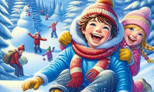 An 11-year-old boy, Oliver, with messy brown hair and rosy cheeks, is laughing as he joyfully slides down a snowy slope. He wears a bright blue jacket, a red beanie, and yellow gloves, his eyes shining with happiness. Next to him, a girl his age, Mia, with braided blonde hair and a bright smile, throws a snowball at Oliver, dressed in a pink snowsuit and a striped scarf. In the background, children are building a large snowman, while majestic snow-covered fir trees line the scene. The sky is a bright blue, sprinkled with gently falling snowflakes, creating a magical winter atmosphere. The main scene shows Oliver and Mia in a snowball fight, surrounded by laughter and joy, capturing the playful spirit of winter.