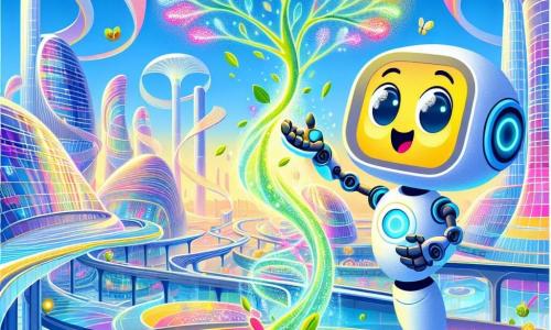 Zippy, um pequeno robô assistente luminoso com grandes olhos redondos e um corpo em forma de tablet, expressa uma alegria contagiante enquanto ajuda um holograma de grande tamanho, uma árvore colorida com folhas cintilantes, a plantar sementes em um solo virtual. A árvore holográfica, com um rosto sorridente e braços em forma de galhos, demonstra uma gratidão radiante, suas folhas dançando de felicidade. A cena se passa na bela cidade futurista de Lumínia, onde edifícios de vidro com formas ondulantes se erguem sob um céu azul brilhante, e caminhos flutuantes serpenteiam entre as estruturas cintilantes. Hologramas de flores e animais coloridos flutuam ao redor, adicionando um toque de magia ao ambiente. Zippy e a árvore estão criando uma nova vida neste espaço vibrante, simbolizando a harmonia entre tecnologia e natureza, enquanto a luz do sol ilumina a cena, tornando cada detalhe ainda mais brilhante.