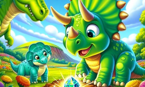 Um tricerátops chamado Tico, com uma pele verde brilhante e chifres majestosos, expressa grande curiosidade e excitação ao descobrir uma pedra brilhante enterrada no chão. Ao seu lado, Dina, uma dinossauro de pescoço longo com escamas azul-céu, observa com admiração, seus grandes olhos redondos brilhando de fascínio. Rex, um tiranossauro com um sorriso amigável, fica um pouco mais atrás, de braços cruzados, com um ar pensativo, pronto para compartilhar seus conhecimentos sobre o mistério da pedra. A cena se passa em um lindo campo de flores coloridas, com colinas verdejantes ao fundo e um céu azul claro salpicado de nuvens fofas. Tico, cavando o chão, revela a pedra cintilante que emite cores vivas, atraindo a atenção de seus amigos.