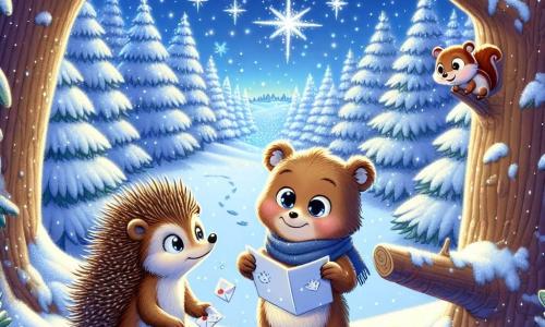 Boris de kleine beer, met zijn zachte bruine vacht, heeft een grote nieuwsgierige glimlach terwijl hij een mysterieuze brief in zijn pootjes vasthoudt. Zijn ogen stralen van opwinding terwijl hij in het midden van een besneeuwd bos staat, omringd door zacht vallende sneeuwvlokken. Naast hem kijkt Nina het kleine eekhoorntje, met haar rode vacht en grote oren, met wijde ogen naar de brief, vol verwondering. Ze staat op een tak, klaar om naar Boris te springen. Max het egeltje, met zijn bruine stekels en schattige neusje, zit vastberaden op de grond en denkt na over hun volgende stap. De setting is een magisch winterbos, met majestueuze bomen bedekt met fonkelende sneeuw, kerstlichtjes die in de verte schitteren en een heldere blauwe lucht met witte wolken. De hoofdscene toont Boris en zijn vrienden die de verloren brief ontdekken, klaar om op avontuur te gaan om deze aan de Kerstman te bezorgen, omringd door de betoverende schoonheid van de winter.