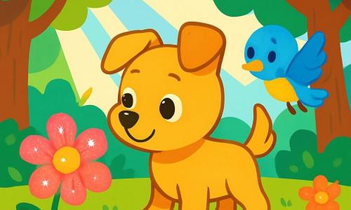 Un piccolo cane di nome Caneletto, con un pelo dorato e occhi pieni di curiosità, si trova al centro della scena, con le orecchie dritte e la coda che scodinzola gioiosamente. Guarda con meraviglia un magnifico fiorellino colorato, che brilla al sole, con petali rosa e gialli che scintillano. Accanto a lui, un piccolo uccello blu, con un pancino giallo vivo e ali delicate, vola allegramente, cercando la sua mamma. L'uccello sembra preoccupato ma pieno di speranza, fluttuando leggermente sopra Caneletto. La scena si svolge in una foresta incantata, con alberi maestosi, foglie verdi brillanti e fiori colorati che punteggiano il terreno. Raggi di sole filtrano tra i rami, creando un'atmosfera magica e luminosa. Caneletto, con un'espressione determinata e amichevole, si prepara ad aiutare il suo nuovo amico a ritrovare la mamma, mentre l'uccello canta dolcemente, pieno di speranza.
