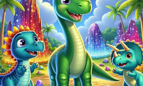 Ein junger Diplodocus mit einem langen Hals und glänzenden grünen Schuppen steht in der Mitte des Bildes, mit weit aufgerissenen Augen vor Staunen und einem breiten Lächeln auf seinem fröhlichen Gesicht. Neben ihm springt ein kleiner Stegosaurus mit bunten Platten in Blau und Lila vor Freude, seine Augen funkeln vor Aufregung. Ein Triceratops mit drei Hörnern und einem breiten, freundlichen Lächeln steht etwas weiter hinten und hebt leuchtende Steine vom Boden auf. Die Szenerie ist eine magische Insel, gefüllt mit leuchtenden Steinen, die in Rottönen, Gelb und Grün funkeln, umgeben von großen Farnen und üppigen Palmen. Der Himmel ist strahlend blau, gespickt mit fluffigen weißen Wolken. Die Szene zeigt die drei Dinosaurier, die eine Freundschaftsfeier feiern, fröhlich um die intensiv leuchtenden Steine tanzen und eine festliche, verzauberte Atmosphäre schaffen.