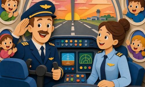 Un piloto alto y sonriente de rostro redondo con bigote discreto y uniforme azul marino sostiene el volante y saluda, la copiloto Marta, de unos 30 años con moño y uniforme azul claro, sonríe desde el asiento derecho con la mano sobre el tablero; se ven niños pasajeros a través de los ventanillas aplaudiendo, el interior del cockpit es colorido y simple con grandes botones redondos, pantallas estilizadas y asientos acolchados bañados por rayos dorados, y afuera hay un cielo de atardecer rosa y naranja sobre la pista y edificios lejanos; el avión acaba de aterrizar, ambiente calmado y festivo, colores cálidos y formas nítidas tipo recorte.