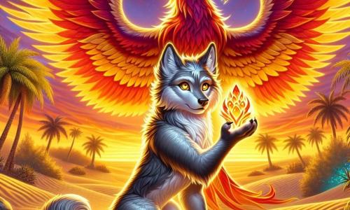 Im Zentrum des Bildes steht ein junger Werwolf namens Fenris, mit einem silbernen Fell, das unter einem lodernden Himmel glänzt, stolz und entschlossen. Seine goldenen Augen funkeln vor Emotionen, die Mut und Besorgnis vermischen, während er vorsichtig einen leuchtenden Kristall in seinen Vorderpfoten hält. Neben ihm entfaltet der majestätische Phönix, ein lebhaftes Wesen mit roten und goldenen Federn, seine Flügel und erhellt die Szene mit seiner strahlenden Wärme. Sein weiser und dankbarer Blick ruht auf Fenris, bereit, aus der Asche wiedergeboren zu werden. Die Kulisse ist eine versteckte Oase im Herzen einer weitläufigen goldenen Sandfläche, umgeben von grünen Palmen und einem dämmernden Himmel, der in warmen Farben leuchtet. Sanddünen wogen am Horizont, während ein leichter Wind funkelnde Sandkörner aufwirbelt. Die Hauptsituation zeigt Fenris, den Werwolf, der den Kristall hält, der ein strahlendes Licht ausstrahlt, bereit, die Magie der Oase wiederherzustellen, während der Phönix im Hintergrund sich auf den Flug vorbereitet, was Erneuerung und Hoffnung symbolisiert.