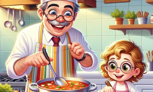 Il chef Luigi è un uomo gioioso di circa cinquant'anni, con un grande cappello bianco e un sorriso caloroso. Indossa un grembiule colorato a righe e sta mescolando una grande pentola di zuppa, con gli occhi brillanti di gioia e entusiasmo. Accanto a lui, una bambina dai capelli ricci dorati, di circa 8 anni, osserva con fascinazione. Indossa una giacca da cucina rosa e tiene una carota in mano, pronta ad aggiungerla alla preparazione. Un ragazzo con occhiali tondi, di circa 7 anni, si trova un po' in disparte, con un coltello di plastica e un pezzo di pomodoro, concentrato sul suo compito. La scena si svolge in una cucina colorata e vivace, piena di pentole di metallo brillanti, verdure fresche dai colori vivaci e erbe aromatiche che profumano l'aria. I muri sono decorati con quadri di piatti appetitosi e una grande finestra lascia entrare la luce del sole, illuminando lo spazio. La situazione principale mostra il chef Luigi che insegna ai bambini come preparare una zuppa deliziosa, circondato da risate e scoperte culinarie, creando un'atmosfera gioiosa e calorosa.