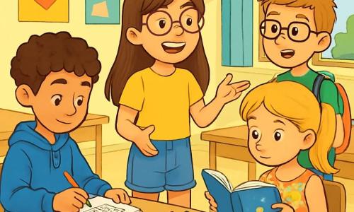 Ci sono 4 bambini: - Marta: una ragazza di 11 anni, con lunghi capelli castani e occhiali rotondi. Indossa una maglietta gialla e un pantaloncino di jeans. È al centro, sorridente, mentre parla con entusiasmo. - Leonardo: un ragazzo di 12 anni, con capelli corti e ricci. Indossa una felpa blu e pantaloni neri. È a sinistra di Marta, mentre disegna su un quaderno. - Sara: una ragazza di 10 anni, con capelli biondi raccolti in una coda di cavallo. Indossa un vestito a fiori e sandali. È a destra di Marta, mentre tiene un libro aperto, guardando attentamente. - Pietro: un ragazzo di 11 anni, con capelli castani e occhiali. Indossa una maglietta verde e un pantaloncino beige. È leggermente indietro, mentre tiene uno zaino pieno di forniture. La scena si svolge in una piccola aula scolastica, con pareti dipinte di giallo chiaro e manifesti colorati appesi. Ci sono tavoli di legno, alcune sedie e una grande finestra che lascia entrare la luce del sole. Su un tavolo ci sono libri, matite e giochi da tavolo. I bambini discutono allegramente del loro progetto per aiutare le persone senza fissa dimora, con sorrisi sui volti e un'atmosfera calorosa. Sono circondati da materiale per il bricolage, pronti a creare qualcosa di speciale per la loro comunità.