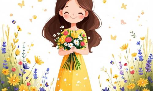 A 7-year-old girl named Lily stands in the center of the image, with a bright yet melancholic face. She has long, slightly wavy brown hair and wears a lovely yellow dress adorned with small white flowers. In her hands, she holds a bouquet of colorful flowers, symbolizing her love for her late grandmother. Next to her is her mother, a woman around 35 with brown hair tied in a bun, who has a gentle and comforting expression, placing a hand on Lily's shoulder to offer support and love. A little further away, her father, a man about 40 with a light beard and a warm smile, looks at his daughter with pride and tenderness, ready to share memories. The scene takes place in a lush park, bathed in the golden light of the setting sun. Majestic trees surround the area, and colorful flowers line the path. In the distance, colorful balloons rise into the sky, symbolizing the memories and love surrounding them. The main situation shows Lily, surrounded by her parents, releasing balloons into the sky, each carrying a message for her grandmother. Their faces are filled with emotion, blending sadness and hope as they celebrate the life of their loved one.