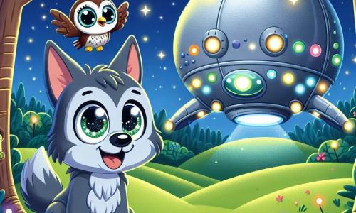 Luno, um pequeno lobo de pelos cinzentos e olhos brilhantes de curiosidade, está em pé em uma colina verdejante, olhando maravilhado para uma magnífica nave espacial prateada que brilha sob as estrelas. Ele exibe um grande sorriso, suas orelhas em pé traindo sua excitação. Ao seu lado, Olívia, uma coruja de penas marrons e grandes olhos redondos, voa levemente acima dele, seu rosto expressando alegria e admiração, pronta para explorar este mundo intergaláctico. A cena ocorre em uma clareira mágica, cercada por árvores de troncos grossos e folhas cintilantes, iluminada pela suave luz das estrelas e das vagalumes dançantes. A nave espacial, adornada com luzes coloridas, está posicionada no centro, emitindo sons suaves e acolhedores. Luno e Olívia, fascinados, se preparam para entrar na nave e encontrar os Zorbits, criaturas extraterrestres de peles azuis e grandes olhos redondos, que os aguardam dentro, prontos para compartilhar suas histórias e aventuras.