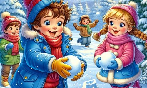 Un bambino di 3 anni, di nome Luca, con capelli castani disordinati e guance rosa, ride felicemente nella neve. Indossa un cappotto blu brillante, un berretto rosso e guanti gialli, mentre lancia una palla di neve in aria, il suo viso illuminato da un grande sorriso di eccitazione. Accanto a lui, una bambina di 4 anni, Sofia, con lunghi capelli biondi intrecciati e un cappotto rosa, osserva con meraviglia i fiocchi di neve che cadono intorno a loro. Tiene una palla di neve tra le mani, pronta a giocare. Un po' più in là, Marco, un ragazzo di 5 anni con capelli castani e una sciarpa verde, costruisce un castello di neve, concentrato sul suo lavoro mentre ride con i suoi amici. La scena si svolge in un magnifico paesaggio invernale, dove alberi maestosi sono coperti di neve scintillante e il terreno è ricoperto da uno spesso strato di neve immacolata. Il cielo è azzurro chiaro, punteggiato di nuvole bianche e soffici, creando un'atmosfera magica. Luca, Sofia e Marco si divertono insieme, lanciando palle di neve e ridendo, catturando lo spirito gioioso dell'inverno e dell'amicizia in questo momento incantevole.