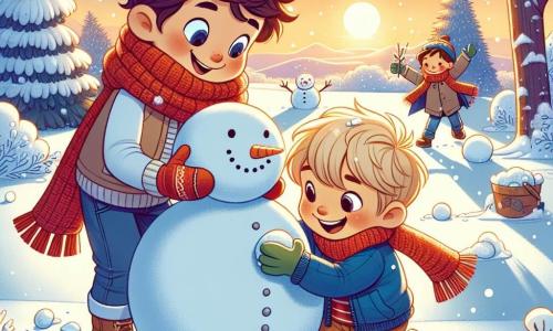 Due ragazzi, Marco e Luca, sono al centro della scena. Marco, di 7 anni, ha i capelli castani disordinati e indossa una grande sciarpa rossa. Sta rotolando una palla di neve per creare il corpo di un grande pupazzo di neve. Accanto a lui, Luca, anch'egli di 7 anni, ha i capelli biondi e indossa una giacca blu con guanti verdi. Ride mentre lancia una palla di neve verso Marco, con le braccia alzate.

Lo sfondo è un paesaggio invernale incantevole. La neve copre il terreno come un morbido tappeto bianco, e fiocchi cadono dolcemente dal cielo blu. Alberi con rami carichi di neve si ergono sullo sfondo, mentre un sole dorato inizia a tramontare, tingendo il cielo di sfumature rosa e arancioni.

La scena principale mostra Marco e Luca impegnati a costruire il loro pupazzo di neve, con sorrisi brillanti sui volti. Sono circondati da neve scintillante, e l'atmosfera è piena di risate e magia invernale.