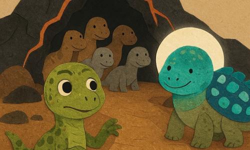 Um pequeno velociraptor chamado Risco, expressivo e corajoso, rosto redondo e olhos grandes e luminosos, pele escamosa verde-oliva com manchas ocre, postura orgulhosa porém levemente tremula, levantando uma pata para acalmar e olhando à frente; um anquilossauro chamado Lume, corpo robusto com placas dorsais luminescentes azul-esverdeadas e sorriso suave, está logo atrás iluminando o caminho com um halo em papel recortado; vários membros do rebanho (adultos e filhotes) com silhuetas arredondadas e amigáveis, padrões em tons de marrom e cinza, sentados ou se erguendo, reunidos atrás de Risco na colina; cenário é a entrada de um vulcão em papel: rochas pretas recortadas, fissuras alaranjadas coladas, vapor branco em algodão e uma larga passarela de pedra marrom texturada; a cena mostra Risco guiando seu rebanho para fora do túnel do vulcão, a luz de Lume cria sombras suaves, expressões de alívio e coragem, composição colorida com texturas de papel sobrepostas, contornos nítidos e contrastes vivos.