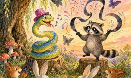 A cheerful, mischievous snake named Sid with pistachio, lemon and sky-blue scales wears a small pink glittery hat and grins with its tongue out while singing a rhyme as it coils on a stump; beside it, a focused-yet-amused raccoon named Shadow with a black mask and gray-brown fur stands on another stump juggling three ribbonlike shadows; a small audience of red squirrels, white rabbits and smiling earthworms sits in a semicircle laughing and clapping in the foreground beneath a large willow with twisted roots, red-and-white mushrooms and speckled grass under a rosy dusk light, while imaginary fireworks and shadow butterflies burst above them.