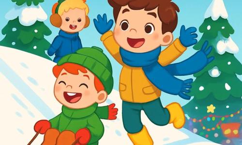 There are 3 characters: Max, a 5-year-old boy with red hair, wearing a green hat and red mittens, sitting on a sled and laughing out loud; Leo, a 5-year-old boy with brown hair, wearing a blue scarf and shiny yellow boots, standing next to Max with his arms raised and a big smile; and Sam, a 5-year-old boy with blonde hair, wearing furry headphones and a blue coat, slightly behind them, encouraging them with a warm smile. The setting is a large snowy hill surrounded by snow-covered fir trees, with a clear blue sky dotted with fluffy white clouds. At the bottom of the hill, colorful lights and festive decorations signal the New Year celebration. The main scene shows the three friends having fun sledding, laughing, and cheering each other on, ready to celebrate the New Year with joy and camaraderie.