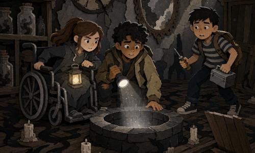 Three children in a decrepit interior at the end of an alley: a 13-year-old boy with wavy black hair, caramel skin, wearing a khaki jacket and holding a flashlight in his right hand, crouched center near a dark stone well, looking anxiously at a rising gray light; a 12-year-old white girl with brown hair in a ponytail in a modern gray wheelchair to the left behind him, gripping the chair back, determined, a small light on her lap; a 13-year-old Asian boy with short hair, striped T-shirt and backpack to the right, standing and ready to run, holding a screwdriver and a small metal box, nervous but brave. The room has worn wooden floors, damp stone walls with soot, a stopped clock and dusty old mirror, open shelves of glass jars containing swirls of shadow, and an open wooden trapdoor leading to a narrow staircase. At the center a black stone well is surrounded by unlit candles and a faint gray halo of light and shadow shapes trying to escape; black smoke-like shadows crawl on the floor and dust is visible in the flashlight beams. Paper-cutout style: sharp silhouettes, torn edges, crumpled paper textures, limited contrasting colors (gray, black, khaki, brown), stylized ink-cut shadows.