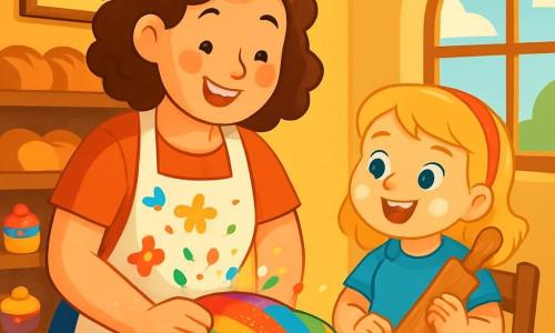 Emma, a smiling woman with curly brown hair, wearing a floral apron, is surrounded by flour, her cheeks flushed with excitement. She is shaping a beautiful, colorful dough into a bread shape, with bright color bursts emerging from it. Next to her, Lily, a 6-year-old girl with blonde hair and sparkling eyes, watches in awe, holding a wooden rolling pin. She stands on a small chair to see better, her hands covered in flour, and a big smile on her face. The setting is Emma's bakery, The Doughy Delight, with warm yellow walls, shelves filled with golden breads and colorful pastries, and a large window letting in sunlight, illuminating the scene. The main focus shows Emma and Lily preparing a rainbow bread together, with vibrant colors mixing in the dough, creating a joyful and creative atmosphere filled with laughter and happiness.