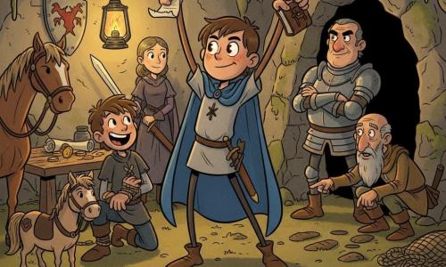 The main character is a young trainee knight boy (about 14), with a blunt but determined face, large bright eyes and flushed cheeks, wearing a simple tunic and an oversized cape, triumphantly holding a sealed scroll in one hand and a small leather notebook in the other; to his left a laughing squire (Jory, ~16) with tousled hair kneels, pinning a bandit, to the right Captain Brine (~50), stern and stout in worn armor, stands with arms crossed near the cave mouth, while Dame Elowen (~30) stands just behind Rowan, calm and vigilant with her sword sheathed but ready and lit by a lantern; Old Marn (~60), a thin scout with a gray beard, crouches at the cave entrance inspecting tracks; the stubborn little pony Maple is tied near the horses at the front left. The setting is a rocky ridge cave with wet stone walls moss-covered, a hanging lantern casting warm light and long shadows, a shield with a crooked crest on the wall, scattered scrolls and gold coins on a wooden table and ropes and nets on the floor. The main action shows the boy knight raising the sealed scroll as evidence, the bandit leader trapped in a net at the group's feet with other bandits subdued, a triumphant, dramatically revealed scene in warm amber, brown and moss-green tones in a retro cartoon style.