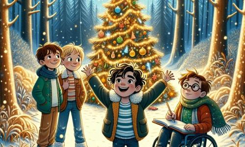 Four ten-year-old boys stand in the center of an enchanted clearing, surrounded by sparkling snow-covered fir trees. Max, with curly hair and a bright smile, raises his arms in victory. To his right, Oliver, wearing round glasses and a dreamy expression, holds a sketchbook, ready to draw the magic around them. On the left, Liam, serious with brown hair and a focused expression, attentively looks at a large tree decorated with colorful ornaments. Finally, Theo, cheerful in his colorful wheelchair, bursts into laughter, his eyes sparkling with mischief. The setting is a fairy-tale forest bathed in golden light, where snowflakes dance in the air. The ground is covered with a sparkling blanket of snow, and a large Christmas tree, adorned with glowing garlands and a shining star on top, stands majestically at the center of the scene. The main situation shows the boys discovering the magical tree, with a missing sparkling star at the top, as they prepare to embark on an adventure to save Christmas and regain the lost magic.