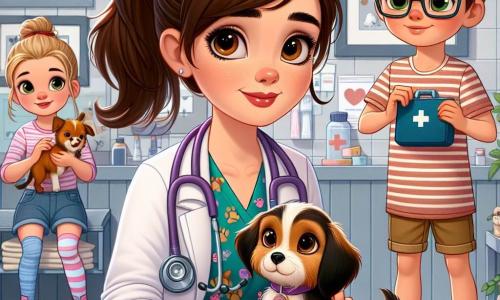 In the center of the image, Dr. Lily Harper, a passionate veterinarian in her thirties with brown hair in a ponytail, wears colorful scrubs adorned with small animal patterns. Her face radiates kindness and determination as she examines a small trembling puppy, her eyes shining with empathy and love for animals. Beside her, Mia, a 10-year-old girl with pigtails, watches in awe, wearing a striped t-shirt and denim shorts, holding a stuffed dog toy and ready to help. In a corner, Jake, an 11-year-old boy with glasses and a mischievous smile, holds a first aid kit, ready to pass bandages to Dr. Harper. The scene takes place inside the welcoming "Paws and Claws" veterinary clinic, decorated with animal photos, scattered toys, and a large window letting in sunlight that brightens the joyful faces of the characters. The main situation shows Dr. Lily caring for the puppy while Mia and Jake eagerly observe, excited to learn and participate in this beautiful adventure of caring for animals.