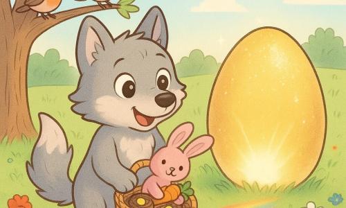 Willow, a small anthropomorphic wolf with soft grey fur and white patches and big bright eyes, smiles while holding a wicker basket of chocolate nests with a pink plush bunny clutching a fabric carrot inside; colorful birds perch in a left tree as Willow stands in a sunlit meadow of vibrant green grass and wildflowers beside a sparkling rainbow path that leads to a giant open glowing egg emitting warm golden light, depicted in a warm pastel, rounded, child-friendly style.