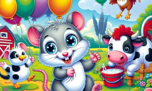 Un pequeño ratón llamado Ratico, con pelaje gris y ojos chispeantes de travesura, está en el centro de la imagen, saltando de alegría con una gran sonrisa en su rostro. Sostiene un globo colorido con sus pequeñas patas. A su derecha, una vaca de pelaje negro y blanco, con una mirada amistosa y manchas rosas en la nariz, sostiene un balde de leche, lista para verterlo para la fiesta. A su izquierda, un gallo con plumas brillantes de rojo y oro canta alegremente, con las alas desplegadas, añadiendo un toque musical a la atmósfera festiva. La escena se desarrolla en una granja soleada, con un cielo azul claro, campos verdes y un granero rojo al fondo. Ratico y sus amigos están a punto de celebrar una gran fiesta, rodeados de risas y alegría, mientras globos flotan en el aire, creando una atmósfera de felicidad y amistad.