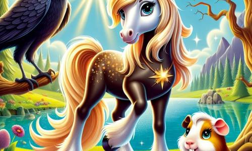 Um magnífico cavalo chamado Estrela, com uma crina dourada cintilante e olhos brilhantes como estrelas, está à beira de um lago mágico, exibindo uma expressão de determinação e coragem. Ao seu lado, Pompom, um pequeno porquinho-da-índia travesso com grandes orelhas e pelagem sedosa, observa com preocupação, seus olhos redondos cheios de angústia. Ao fundo, a sábia corvo Sábia, empoleirada em um galho, observa atentamente a cena, suas penas negras brilhando sob o sol. O local é um vale encantador, com flores coloridas dançando ao vento e árvores majestosas com troncos retorcidos, criando uma atmosfera mágica. A cena principal mostra Estrela e Pompom prontos para partir em uma aventura para salvar o lago, com raios de luz emanando da água, simbolizando a magia que os cerca.