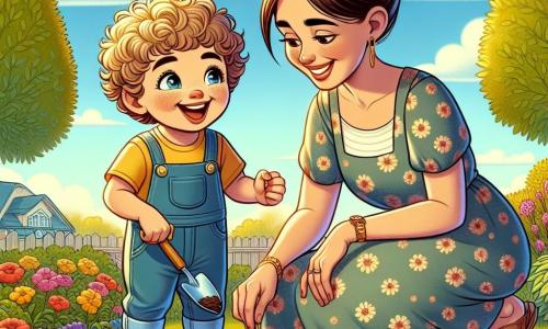 A 2-year-old boy with curly blonde hair and sparkling eyes is planting seeds in a sunny garden. He wears blue overalls and a yellow t-shirt, and his face shows great excitement. Next to him, his mother, a woman in her 30s with her brown hair in a bun, smiles proudly as she shows him how to plant the seeds. She wears a light floral dress and sandals, leaning slightly towards him to encourage him. The garden is filled with brown soil, colorful flowers beginning to bloom, and green trees in the background. The sky is blue with a few white clouds, and the sun is shining brightly. The main scene shows the boy digging a hole in the soil with a small shovel while his mother shows him how to place the seeds inside, creating a scene full of happiness and spring discovery.