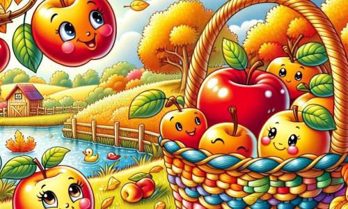 No centro da imagem, uma pequena cesta de vime sorridente, com alças coloridas e padrões de folhas de outono, está sobre um tapete de folhas douradas. Ela observa maravilhada maçãs vermelhas brilhantes penduradas em um pé de maçã, seus olhos brilhando de alegria. À esquerda, um grupo de três maçãs com rostos sorridentes, bochechas rosadas e olhos travessos, balança suavemente ao vento, prontas para serem colhidas. À direita, um grande e redondo damasco laranja, com um sorriso amigável, se ergue orgulhosamente no chão, cercado por pequenas folhas. Ao fundo, uma paisagem rural pitoresca, com árvores de cores vivas de outono, um céu azul claro e um lago cintilante, onde patos nadam alegremente. A cena representa a cesta descobrindo a beleza do outono, cercada por frutas felizes, em um ambiente acolhedor e festivo.
