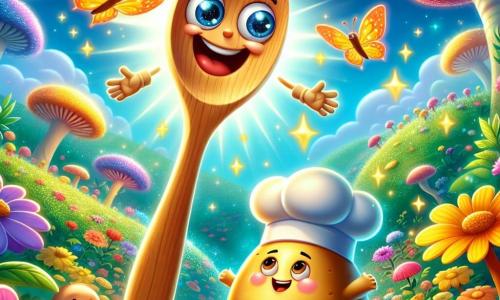 Cucchiarello, un cucchiaio di legno con un grande sorriso e occhi scintillanti, fluttua gioiosamente nell'aria, i suoi colori vivaci brillano sotto la luce del sole. È circondato da piccole stelle brillanti che danzano intorno a lui, esprimendo gioia e meraviglia. Accanto a lui, Patatotto, una patata sorridente con un cappello da chef, lo guarda con ammirazione, le sue guance rotonde e dorate illuminate da un sorriso radioso. Si trova su un terreno verdeggiante, circondato da fiori colorati che sembrano applaudire alla loro avventura. Il contesto è un giardino incantato, pieno di fiori giganti dai colori vivaci, farfalle dalle ali multicolori e funghi luminosi che emettono una dolce luce. In lontananza, una collina misteriosa si erge, coperta di muschio e piccole creature curiose che osservano la scena. La situazione principale mostra Cucchiarello e Patatotto che volano insieme verso la Collina dei Misteri, pronti a vivere un'incredibile avventura, con scoppi di risate e magia che fluttuano intorno a loro.