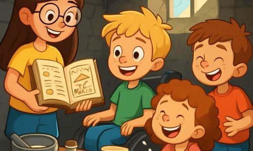 Es gibt 4 Kinder: Mia: ein 10-jähriges Mädchen mit langen braunen Haaren und runden Brillen. Sie trägt ein gelbes T-Shirt und eine blaue Shorts. Sie steht lächelnd mit einem alten Buch in den Händen. Ben: ein 9-jähriger Junge mit zerzausten blonden Haaren und einem großen Lächeln. Er sitzt im Rollstuhl, trägt ein grünes T-Shirt und Jeans. Er schaut neugierig auf das Buch. Lea: ein 8-jähriges Mädchen mit lockigen Haaren und einem rosa Kleid. Sie hockt neben dem Tisch, lacht und hält eine Schüssel mit Mehl. Max: ein 7-jähriger Junge mit braunen Haaren und Sommersprossen. Er steht etwas abseits und lacht, nachdem er ein Glas Wasser auf den Tisch gekippt hat. Der Ort der Handlung ist ein alter, dunkler und geheimnisvoller Keller mit steinernen Wänden, Spinnweben in den Ecken und Lichtstrahlen, die durch ein kleines Fenster fallen. In der Mitte steht ein großer Holztisch, der mit verschiedenen Kochzutaten bedeckt ist, und ein altes Buch ist offen, das ein Kuchenrezept zeigt. Die Hauptsituation der Geschichte zeigt die Kinder, die in der Keller einen geheimnisvollen Kuchen zubereiten, mit Lachen und fröhlichen Gesichtsausdrücken, während Ben interessiert das Buch betrachtet, Max mit dem Mehl spielt und Lea beim Lachen etwas Wasser spritzt.